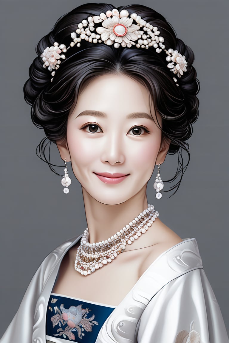 Prompt: a potrait of breathtakingly glamorous 40 years old korean woman with intricate facial features emanating mesmerizing beauty adorned with necklace and head ornament, (highly detailed pearl satin korea hanbok:1.4), feminine, slightly wavy hair, shoulder length hair, ek_art_b00ster, absurdres, bright large eyes, ulzzang, flat chest, very wide waist, big shoulder, big arms, monochome, greyscale, pencil sketch, (charcoal rendering:1.4),