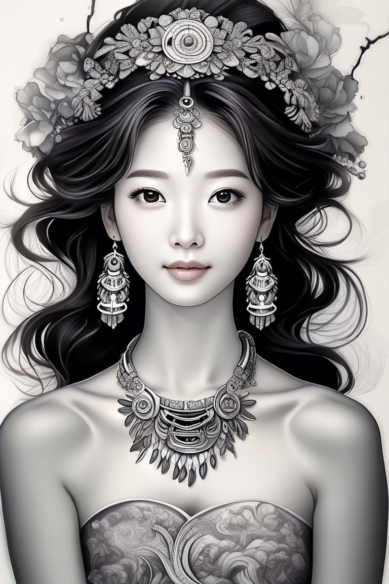 Prompt: a potrait of breathtakingly glamorous 40 years old korean woman with intricate facial features emanating mesmerizing beauty adorned with necklace and head ornament, closed dress, feminine, wavy hair, shoulder length hair, ek_art_b00ster, absurdres, bright large eyes, ulzzang, flat chest, very wide waist, big shoulder, big arms, monochome, greyscale, pencil sketch, (charcoal rendering:1.4),