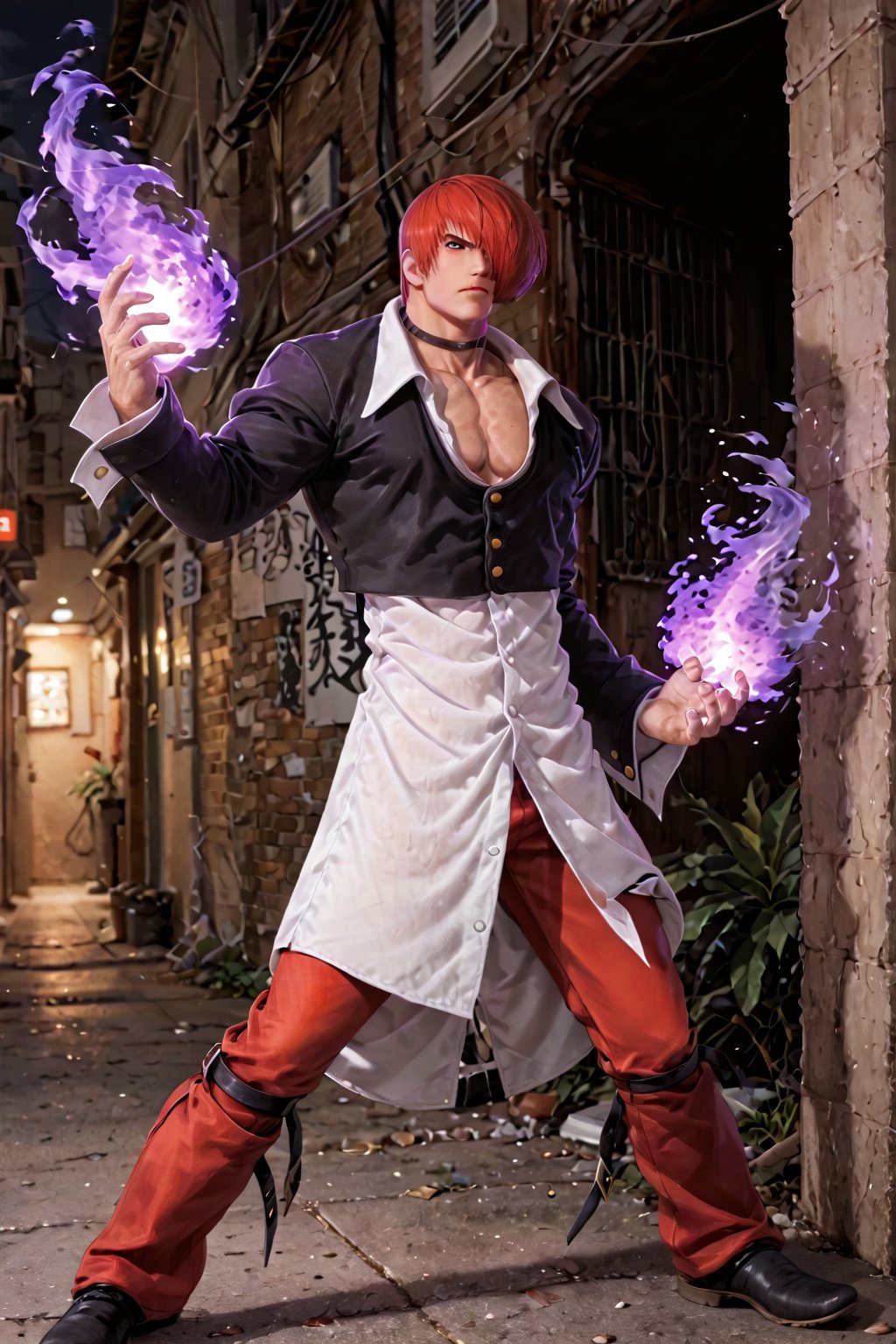 Score_9, score_8_up, score_7_up, score_6_up, 1boy, solo, fighting face, iori yagami, red hair, short hair, hair over one eye, red eyes, collarbone, (extra long white shirt), black jacket, red pants, chocker, black boots. 

Fighting stance, (big purple fire released widely from his open up palms:1.49), (dark purple fire element:1.5) burning brightly covered his outfits. 

Background is in front of alley behind a rundown tall apartment with rustic color theme with crescent moonlight in cloudy sky. 

RAW, Full body shoot, wide long shoot, side view, Extremely Realistic, ultra detail,fire element,composed of fire elements