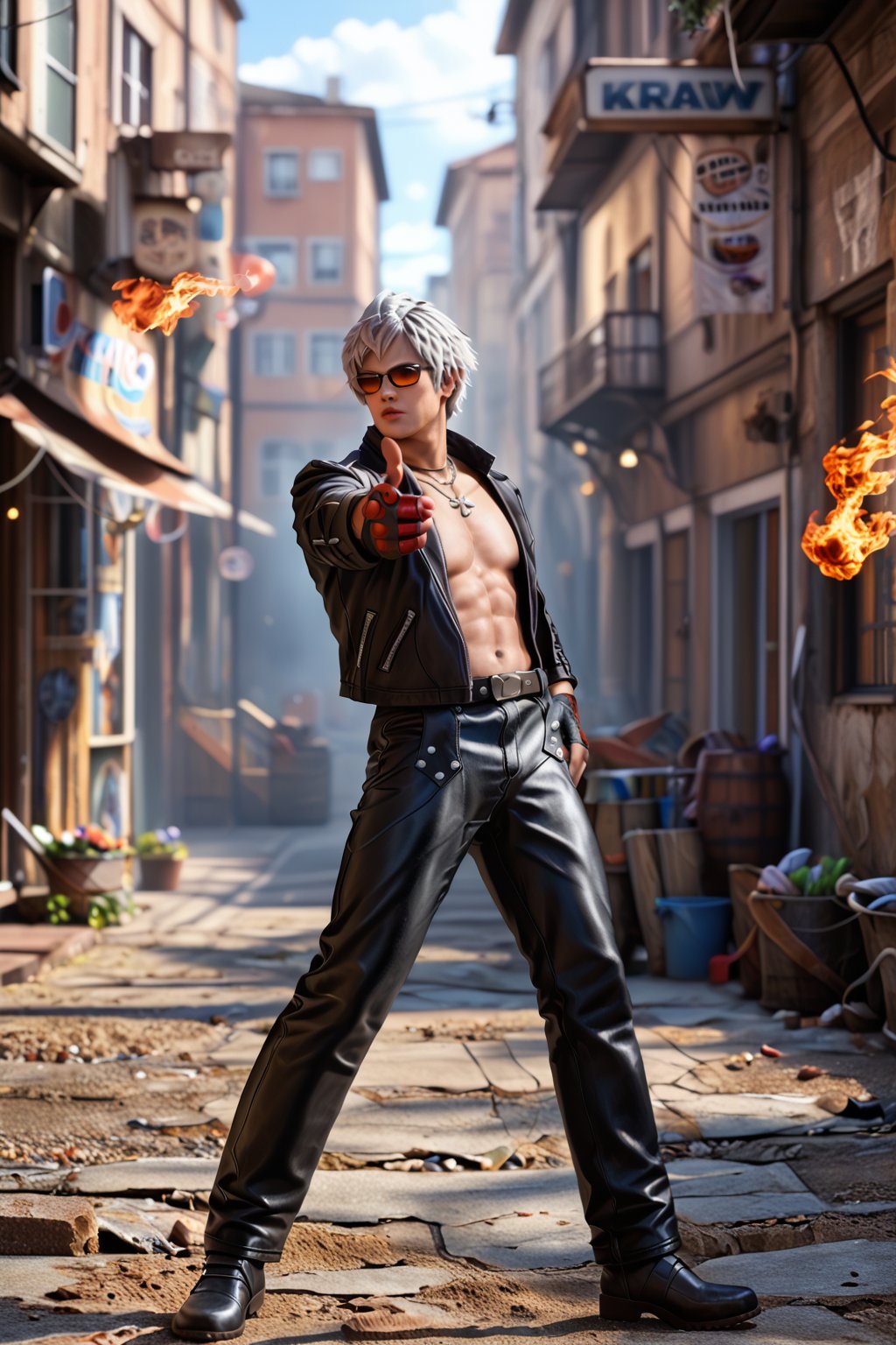 Score_9, score_8_up, score_7_up, score_6_up, 

1boy, k_kof, gray hair, blue eyes, (black  closed leather jacket:1.4), black leather long pants, necklace, belt, red single glove, single fingerless glove, black shoes, dark brown sunglasses. 

Elegantly standing pose, blazing fire covered his hands while doing  standing finger gun pose. 

Background is in front of alley behind a rundown tall apartment with rustic color theme. 

RAW, looking at viewer, Full body shot, long shot, from head to toe shot, Extremely Realistic, ultra detail, finger gun, pointing at viewer