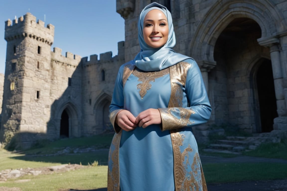 A mature small bearts Indonesian woman standing underestimately with sinical smile. She is wearing a blue colored closed long hijab with golden pattern, light blue colored long sleeve goddess kebaya, brown colored leather knight pants, long fighter boots. Background is a crumbling castle that she has destroyed. The ultra-realistic and ultra-detailed image is rendered in RAW format with ray tracing in wide angle full body shot.