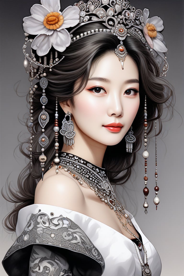 Prompt: a potrait of breathtakingly glamorous 40 years old korean woman with intricate facial features emanating mesmerizing beauty adorned with necklace and head ornament, feminine, wavy hair, shoulder length hair, ek_art_b00ster, absurdres, bright large eyes, ulzzang, flat chest, very wide waist, big shoulder, big arms, monochome, greyscale, pencil sketch, charcoal rendering,