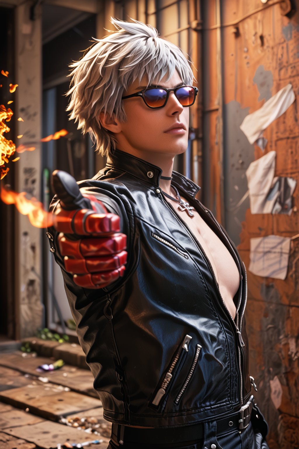 Score_9, score_8_up, score_7_up, score_6_up, 

1boy, k_kof, gray hair, blue eyes, (black  closed leather jacket:1.4), black leather long pants, necklace, belt, red single glove, single fingerless glove, black shoes, dark brown sunglasses. 

Elegantly standing pose, blazing fire covered his hands while doing  standing finger gun pose. 

Background is in front of alley behind a rundown tall apartment with rustic color theme. 

RAW, looking at viewer, Full body shoot, side view, Extremely Realistic, ultra detail, finger gun, pointing at viewer