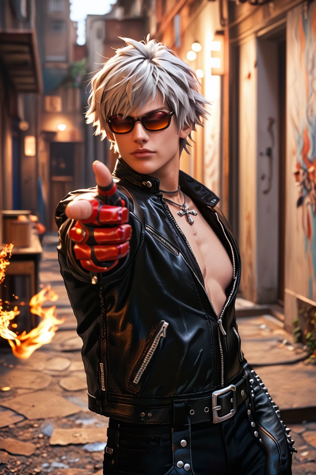 Score_9, score_8_up, score_7_up, score_6_up, 

1boy, k_kof, gray hair, blue eyes, (black  closed leather jacket:1.4), black leather long pants, necklace, belt, red single glove, single fingerless glove, black shoes, dark brown sunglasses. 

Elegantly standing pose, blazing fire covered his hands while doing  standing finger gun pose. 

Background is in front of alley behind a rundown tall apartment with rustic color theme. 

RAW, looking at viewer, Full body shot, long shot, from head to toe shot, Extremely Realistic, ultra detail, finger gun, pointing at viewer