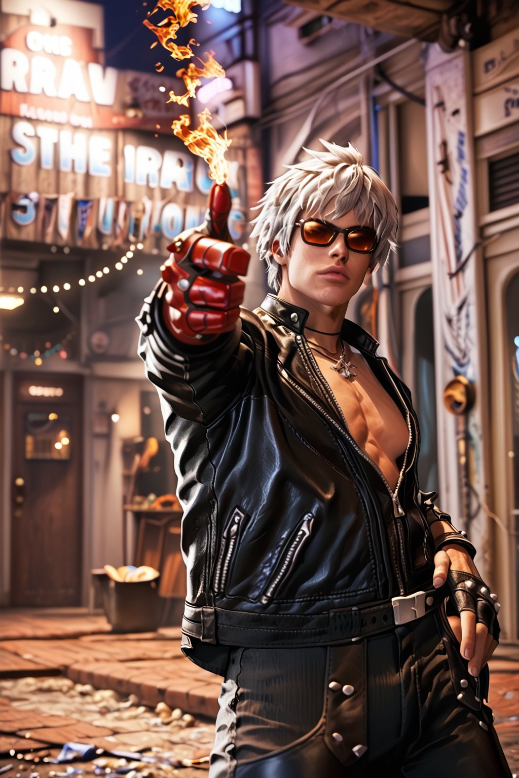 Score_9, score_8_up, score_7_up, score_6_up, 

1boy, k_kof, gray hair, blue eyes, (black  closed leather jacket:1.4), black leather long pants, necklace, belt, red single glove, single fingerless glove, black shoes, dark brown sunglasses. 

Elegantly standing pose, blazing fire covered his hands while doing  standing finger gun pose. 

Background is in front of alley behind a rundown tall apartment with rustic color theme. 

RAW, looking at viewer, Full body shot, long shot, from head to toe shot, Extremely Realistic, ultra detail, finger gun, pointing at viewer