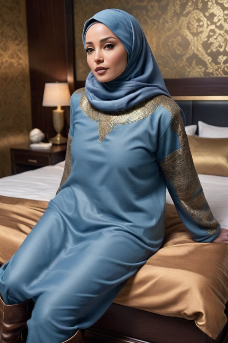 A mature small breasts Indonesian woman laying above bed, big arms, big hands, big buttocks, blue colored closed long hijab with golden pattern, light blue colored long sleeve tunic, brown colored leather pants, black long fighter boots. Background is a dark hotel room. The ultra-realistic and ultra-detailed image is rendered in RAW format with ray tracing in wide angle full body shot.