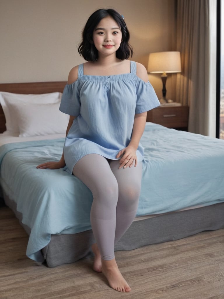 masterpiece, best quality, very aesthetic, absurdres, newest, ai-generated, full wide body, detailed background, indoors, midnight, (sitting on edge of bed:2.0), (crossing her leg:1.5), one leg on floor, decorated bed, luxury hotel room, very tall window, mountain view, AddXL, 1girl, solo, indonesian mature woman, 45 years old, looking at viewer, (cross leg:1.5), (front view:1.4), messy shoulder length black hair, (brown eyes), makeup, large face, (blue house dress:1.4), (grey leggings:2.0), flats, (tiny_breasts:2.0), skindentation, (huge_thighs:1.4), (huge_ass:2.0), (big body:2.0), (rectangle body:2.0), sfw
