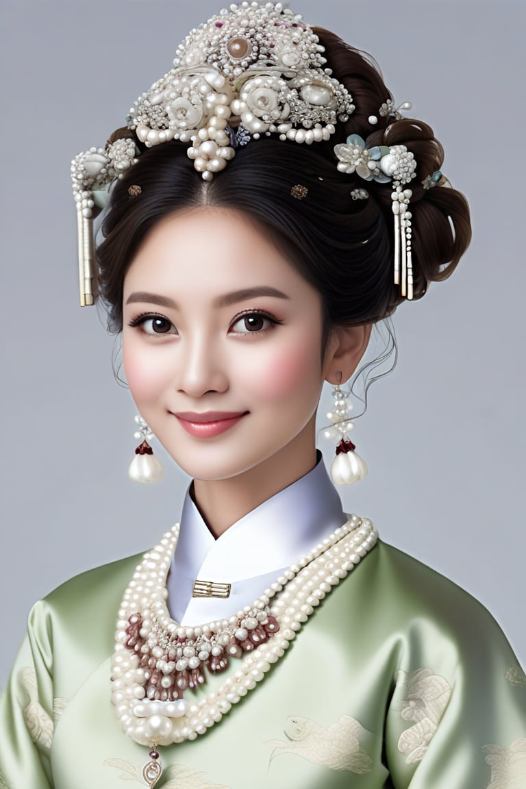 a portrait of breathtakingly glamorous 40 years old indonesian woman with intricate facial features emanating mesmerizing beauty adorned with necklace and head ornament, (highly detailed pearl satin korea hanbok:1.4), feminine, slightly wavy hair, shoulder length hair, ek_art_b00ster, absurdres, bright large eyes, ulzzang, flat chest, very wide waist, big shoulder, big arms, short neck, monochome, greyscale, pencil sketch, (charcoal rendering:1.4), indoface