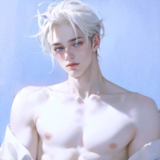 More nature colors around please. It's a boy, стоичный. Comfort, 20 years male. Sharply defined jawline. Long hair. Smooth lineart. Medium, normal tight male body and appearance. Generate him at the blue and white flower background, calm and sleepy with blue eyes. No gold.,