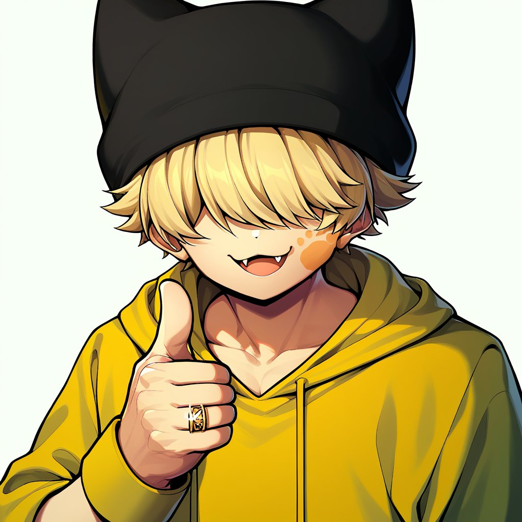 score_9, score_8_up, score_7_up, score_6_up, score_5_up, score_4_up,rating_safe,source_anime, (kengo), yellow hoodie, hood, solo, hoodie, male focus, 1boy, hair over eyes, green hoodie, blonde hair, hat, jewelry, open mouth, ring, fang, thumbs up, smile, :3, animal hat, facial mark,black headwear, beanie, long sleeves, hood down, paw print, wristband, animal ears, 