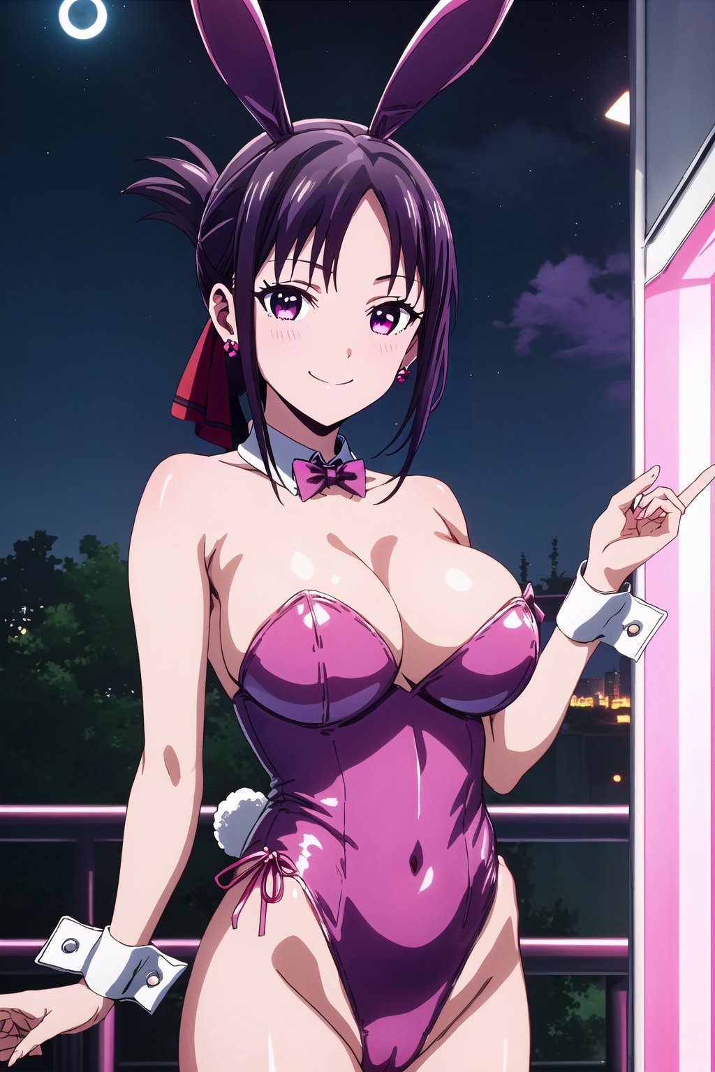 Highly detailed background, 1girl, solo, (cowboy shot), large breasts, cleavage, night sky, full moon, Anime, smile, ,,dress,bare shouldersearrings,aahayasaka, side ponytail, large breasts,playboy bunny, wrist cuffs, bowtie, leotard, playboy_bunny_leotard, satin leotard, rabbit ears, (pink leotard), bunny ears, fake_animal_ears,Playboy bunny,liw_kaguya, kaguya_liv,eft_liw_kaguya, black hair, ribbon, hair ribbon, parted bangs, folded ponytail, bangs, sidelocks, solo, red ribbon, closed mouth, 