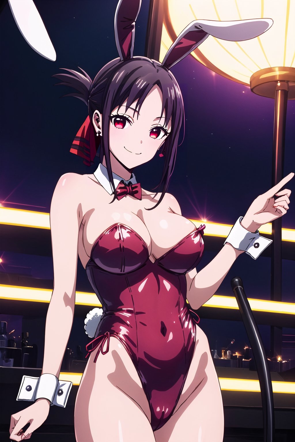 Highly detailed background, 1girl, solo, (cowboy shot), large breasts, cleavage, night sky, full moon, Anime, smile, ,,dress,bare shouldersearrings,aahayasaka, side ponytail, large breasts,playboy bunny, wrist cuffs, bowtie, leotard, playboy_bunny_leotard, satin leotard, rabbit ears, (red leotard), bunny ears, fake_animal_ears,Playboy bunny,liw_kaguya, kaguya_liv,eft_liw_kaguya, black hair, ribbon, hair ribbon, parted bangs, folded ponytail, bangs, sidelocks, solo, red ribbon, closed mouth, red eyes