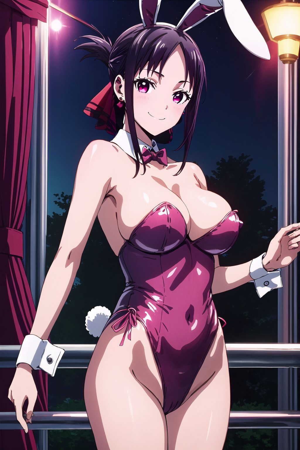 Highly detailed background, 1girl, solo, (cowboy shot), large breasts, cleavage, night sky, full moon, Anime, smile, ,,dress,bare shouldersearrings,aahayasaka, side ponytail, large breasts,playboy bunny, wrist cuffs, bowtie, leotard, playboy_bunny_leotard, satin leotard, rabbit ears, (pink leotard), bunny ears, fake_animal_ears,Playboy bunny,liw_kaguya, kaguya_liv,eft_liw_kaguya, black hair, ribbon, hair ribbon, parted bangs, folded ponytail, bangs, sidelocks, solo, red ribbon, closed mouth, 