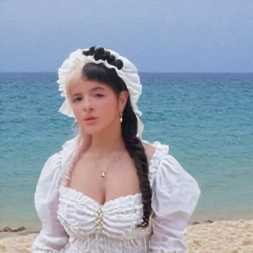 a girl who is entering the sea on a beach, she wears a beautiful long white dress with a white hat with pearls for decoration, the girl has fluffy pink hair black split dye, 4k, 18k, hairstyle, perfect face, After School, Melanie , Adele, Long hair, masterpiece high quality 18K, Hyperrealism, Realistic vision, rosy cheeks, realistic woman, a girl, Woman, best quality, woman, high quality, good lighting, A woman, with split hair, After School, girl, beauty, a girl who is entering the sea on a beach, the girl has fluffy, curly, black split dye pink and black hair, she has a big and beautiful white dress with a white hat, decorated with pearls, she even has a pearl in her right hand, sea, beach, pearls, white dress with pearls, white hat with pearls, pearls, pearls, mother of pearl, sea of ​​pearls