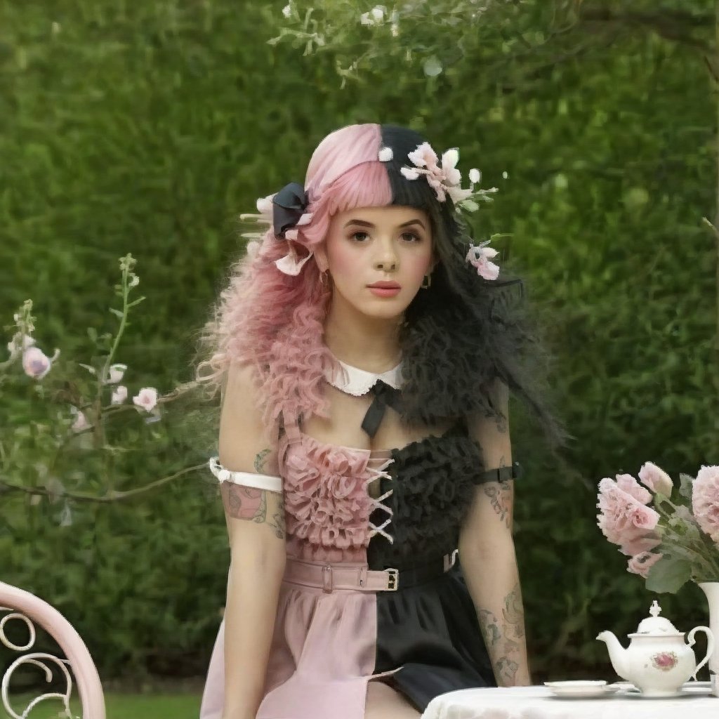  a girl who is sitting at a table ready for a tea hour, she along with the chairs and table is outside so in the background there is a beautiful garden with flowers, she wears a pink dress and a pink hat that matches her dress, the girl has fluffy pink and black hair ,black split dye, 4k, 18k, hairstyle, perfect face, After School, Melanie, Adele, Long hair, masterpiece high quality 18K, Hyperrealism, Realistic vision, rosy cheeks, realistic woman, a girl, Woman, best quality, woman, high quality, good lighting, A woman, with split hair, After School, girl, beauty, a girl who is sitting at a table ready for a tea hour, she along with the chairs and table is Outside, in the background there is a beautiful garden with flowers, she wears a pink dress and a pink hat that matches her dress, she has pink and black curly fluffy hair, black split dye, garden, tea time, elegant table , elegant chairs, elegant tea cups and roses, garden, flowers, bushes, pink, elegant, tea time in the garden