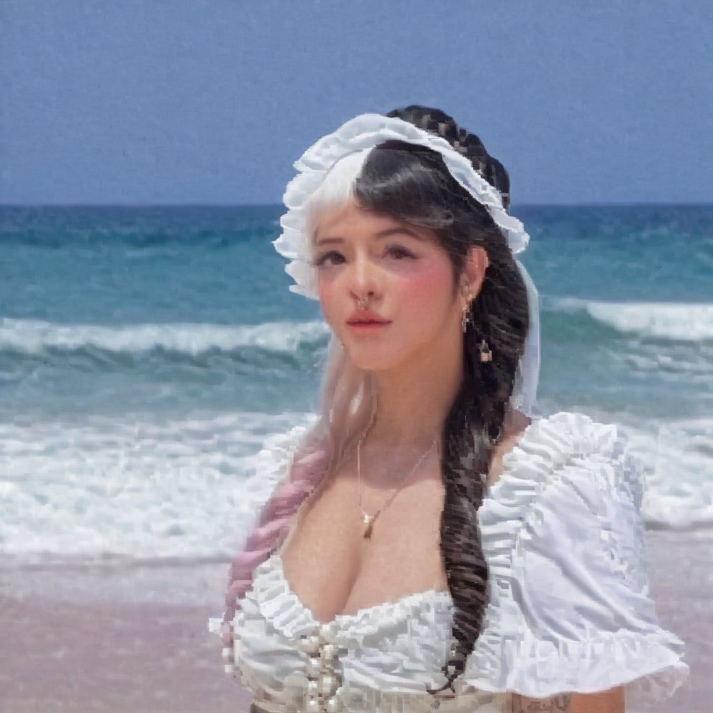 a girl who is entering the sea on a beach, she wears a beautiful long white dress with a white hat with pearls for decoration, the girl has fluffy pink hair black split dye, 4k, 18k, hairstyle, perfect face, After School, Melanie , Adele, Long hair, masterpiece high quality 18K, Hyperrealism, Realistic vision, rosy cheeks, realistic woman, a girl, Woman, best quality, woman, high quality, good lighting, A woman, with split hair, After School, girl, beauty, a girl who is entering the sea on a beach, the girl has fluffy, curly, black split dye pink and black hair, she has a big and beautiful white dress with a white hat, decorated with pearls, she even has a pearl in her right hand, sea, beach, pearls, white dress with pearls, white hat with pearls, pearls, pearls, mother of pearl, sea of ​​pearls