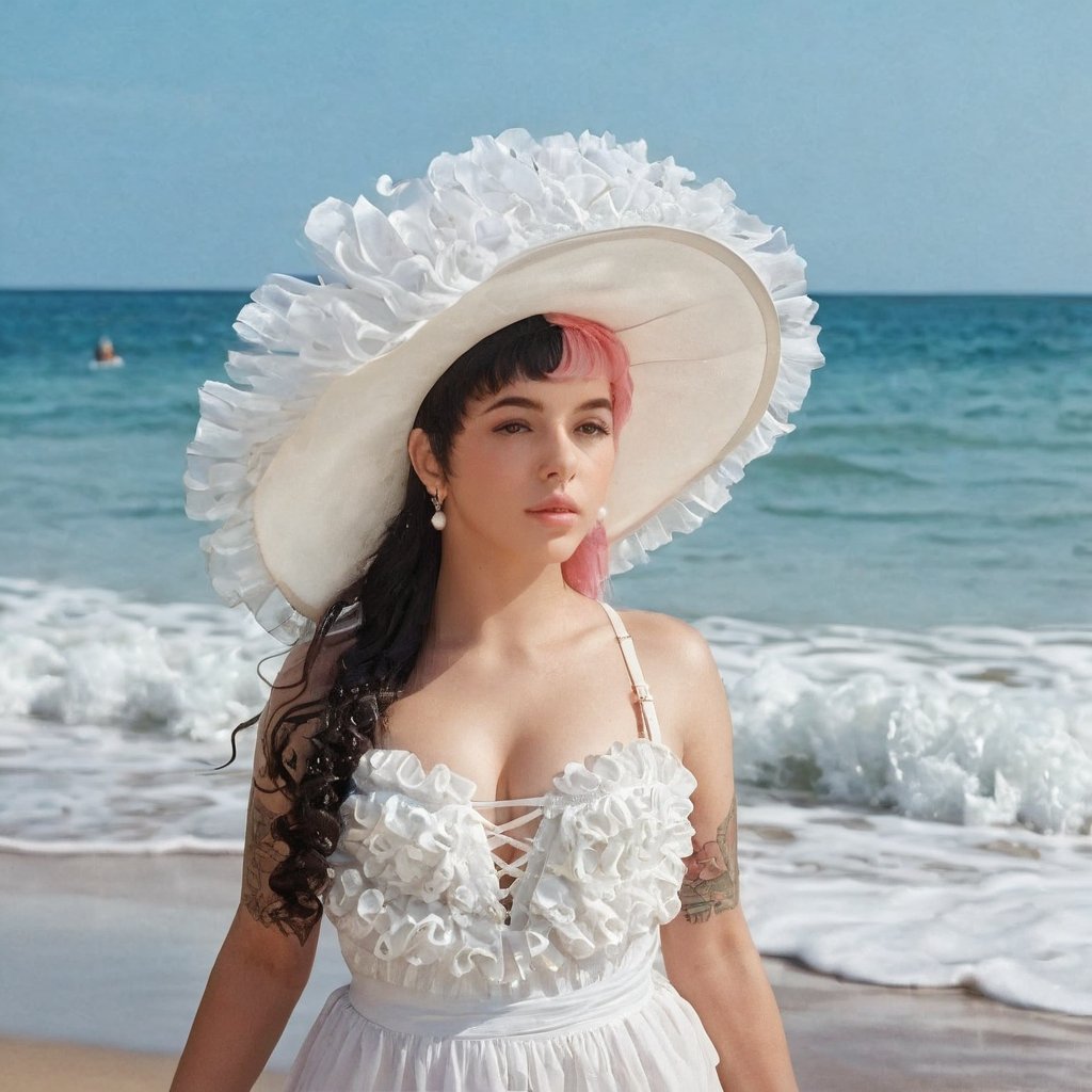 a girl who is entering the sea on a beach, she wears a beautiful long white dress with a white hat with pearls for decoration, the girl has fluffy pink hair black split dye, 4k, 18k, hairstyle, perfect face, After School, Melanie , Adele, Long hair, masterpiece high quality 18K, Hyperrealism, Realistic vision, rosy cheeks, realistic woman, a girl, Woman, best quality, woman, high quality, good lighting, A woman, with split hair, After School, girl, beauty, a girl who is entering the sea on a beach, the girl has fluffy, curly, black split dye pink and black hair, she has a big and beautiful white dress with a white hat, decorated with pearls, she even has a pearl in her right hand, sea, beach, pearls, white dress with pearls, white hat with pearls, pearls, pearls, mother of pearl, sea of ​​pearls