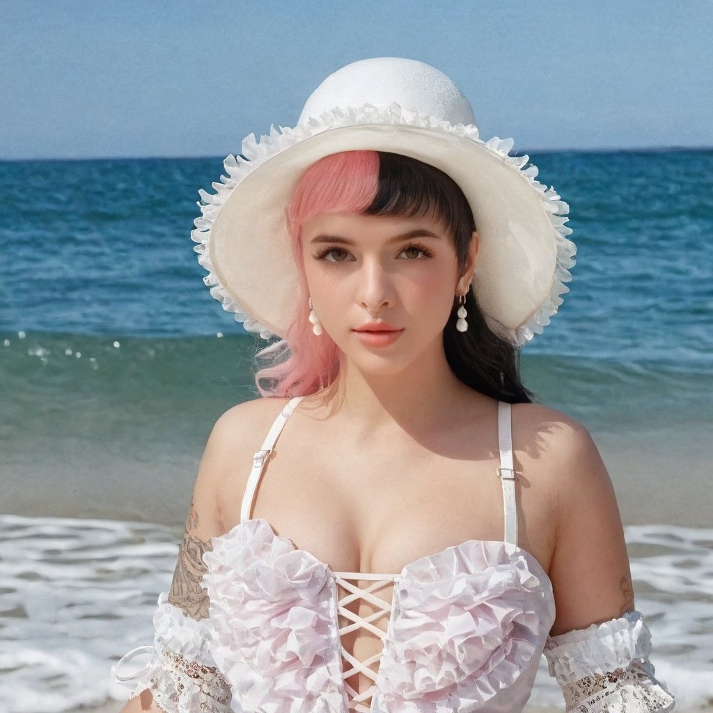 a girl who is entering the sea on a beach, she wears a beautiful long white dress with a white hat with pearls for decoration, the girl has fluffy pink hair black split dye, 4k, 18k, hairstyle, perfect face, After School, Melanie , Adele, Long hair, masterpiece high quality 18K, Hyperrealism, Realistic vision, rosy cheeks, realistic woman, a girl, Woman, best quality, woman, high quality, good lighting, A woman, with split hair, After School, girl, beauty, a girl who is entering the sea on a beach, the girl has fluffy, curly, black split dye pink and black hair, she has a big and beautiful white dress with a white hat, decorated with pearls, she even has a pearl in her right hand, sea, beach, pearls, white dress with pearls, white hat with pearls, pearls, pearls, mother of pearl, sea of ​​pearls