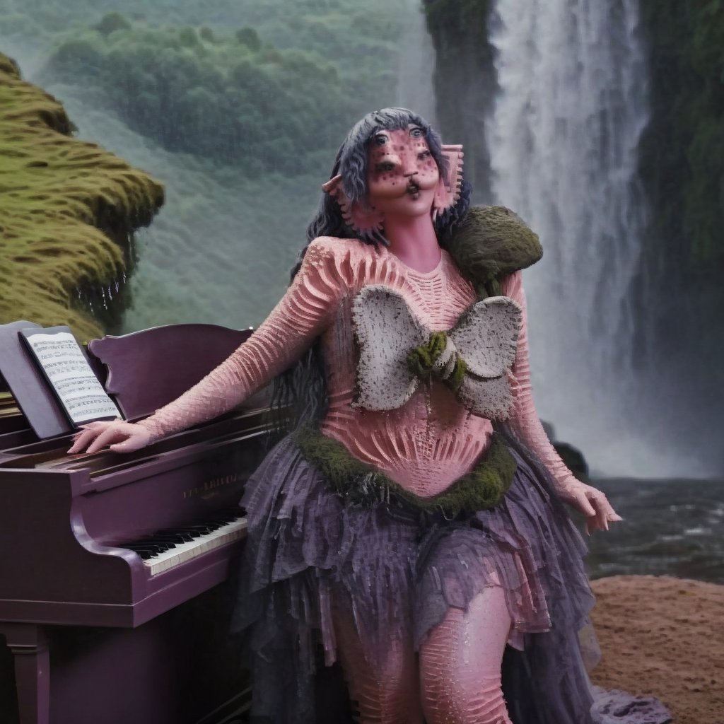 Pink and Purple makeup, gorgeous makeup, a girl who is playing a piano that is next to a big waterfall and rain, piano00, pink skin, four eyes, Full body, dark blue short curly hair, cured and detailed outfit, her hair is long and wavy, her hair is long, 4k, 18k, hairstyle, perfect face, Melanie, Adele, Long hair, masterpiece high quality 18K, Hyperrealism, Realistic vision, rosy cheeks, realistic woman, a girl, Woman, best quality, woman, high quality, good lighting, A woman, waterfall00, Long hair, Pink skin, four eyes, Fancy, model, A woman. Pink and purple makeup, gorgeous makeup, long train skirt, piano00, pink skin, four eyes, Full body, a girl, dark pink short curly hair, cured and detailed outfit, her hair is long and wavy, her hair is long, 4k , 18k, hairstyle, perfect face, Melanie, Adele, Long hair, masterpiece high quality 18K, Hyperrealism, Realistic vision, rosy cheeks, realistic woman, a girl, Woman, best quality, woman, high quality, good lighting, A woman, rain00, Long hair, Pink skin, four eyes, Fancy, model, A woman,Big Quality, Masterpiece, High Quality,Melanie Martinez, Beautiful, 1girl,4 eyes, Nymph, Pink Skin