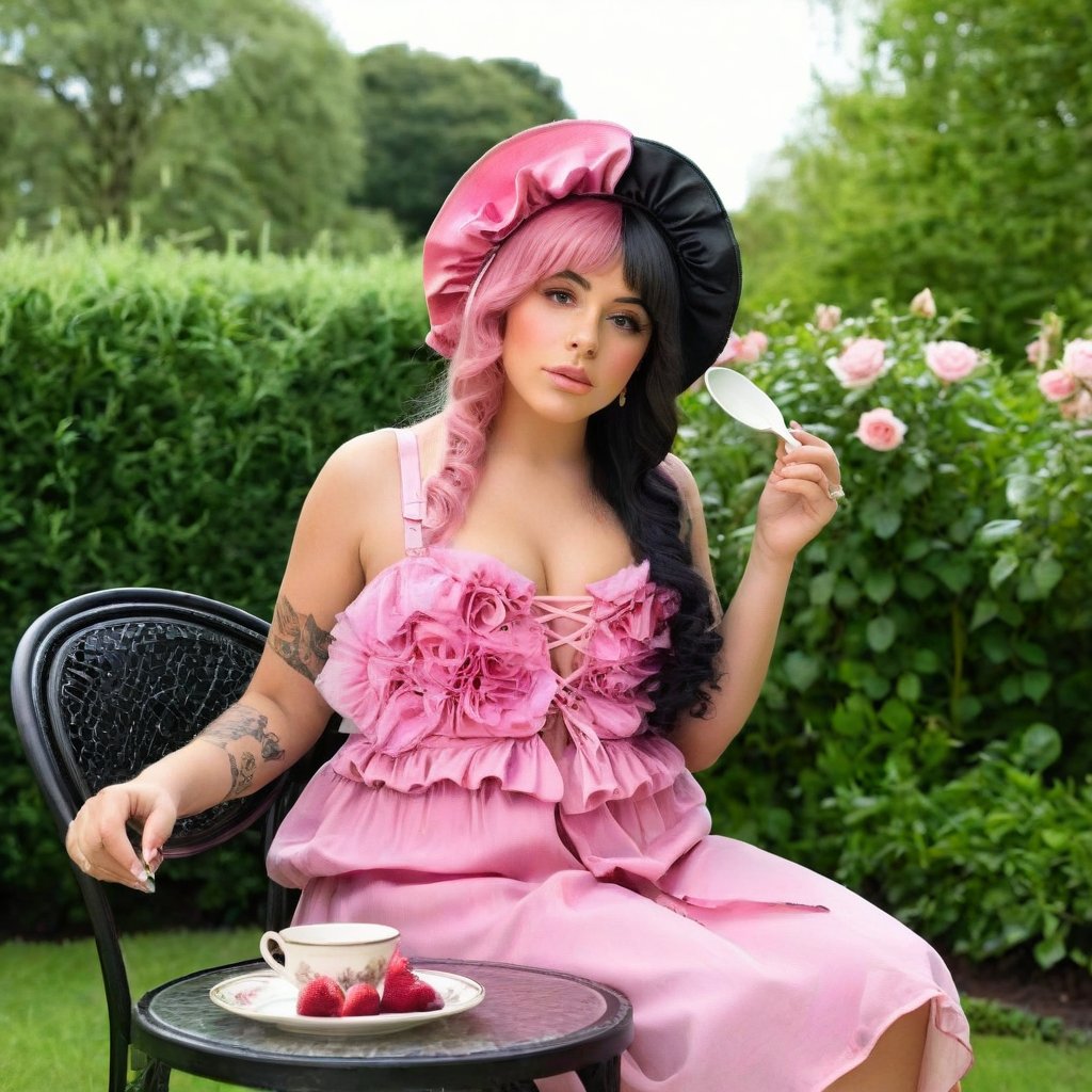  a girl who is sitting at a table ready for a tea hour, she along with the chairs and table is outside so in the background there is a beautiful garden with flowers, she wears a pink dress and a pink hat that matches her dress, the girl has fluffy pink and black hair ,black split dye, 4k, 18k, hairstyle, perfect face, After School, Melanie, Adele, Long hair, masterpiece high quality 18K, Hyperrealism, Realistic vision, rosy cheeks, realistic woman, a girl, Woman, best quality, woman, high quality, good lighting, A woman, with split hair, After School, girl, beauty, a girl who is sitting at a table ready for a tea hour, she along with the chairs and table is Outside, in the background there is a beautiful garden with flowers, she wears a pink dress and a pink hat that matches her dress, she has pink and black curly fluffy hair, black split dye, garden, tea time, elegant table , elegant chairs, elegant tea cups and roses, garden, flowers, bushes, pink, elegant, tea time in the garden