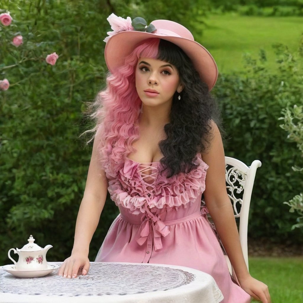  a girl who is sitting at a table ready for a tea hour, she along with the chairs and table is outside so in the background there is a beautiful garden with flowers, she wears a pink dress and a pink hat that matches her dress, the girl has fluffy pink and black hair ,black split dye, 4k, 18k, hairstyle, perfect face, After School, Melanie, Adele, Long hair, masterpiece high quality 18K, Hyperrealism, Realistic vision, rosy cheeks, realistic woman, a girl, Woman, best quality, woman, high quality, good lighting, A woman, with split hair, After School, girl, beauty, a girl who is sitting at a table ready for a tea hour, she along with the chairs and table is Outside, in the background there is a beautiful garden with flowers, she wears a pink dress and a pink hat that matches her dress, she has pink and black curly fluffy hair, black split dye, garden, tea time, elegant table , elegant chairs, elegant tea cups and roses, garden, flowers, bushes, pink, elegant, tea time in the garden