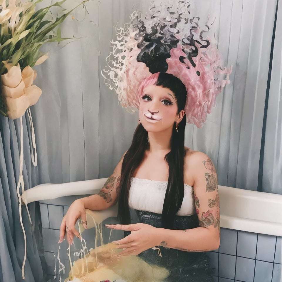 A woman, 1girl, long straight split dye mullet hair with bangs, black and pink hair, light gray tulle frill shepherd's hat, bath, bathroom, a tub of water, blue tiles, retro style, retro, retro colors, nose ring, brown eyes, cute face, long lashes, gold elements, lips dirty pink, black eyebrows, pale skin, high quality 18K, Hyperrealism, Realistic vision, rosy cheeks, freckles, high eyes quality, high face quality