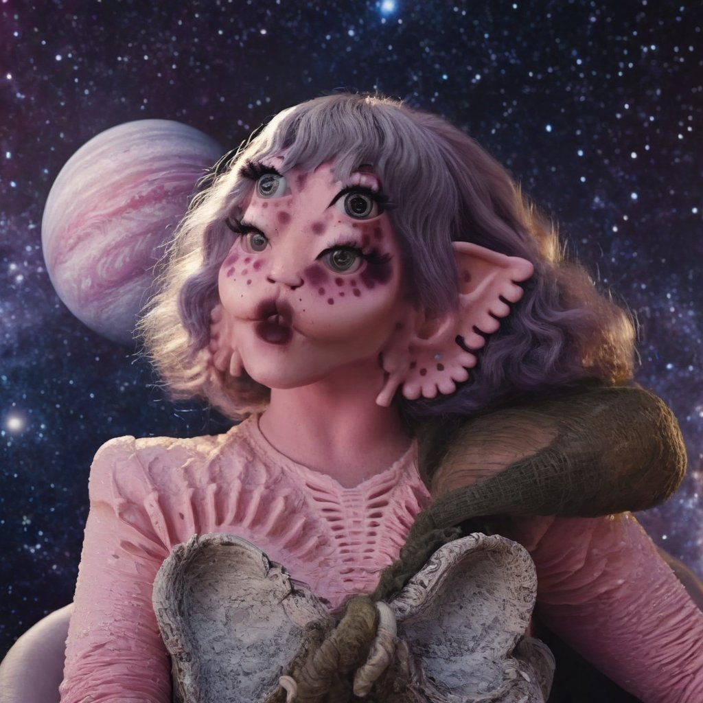 Pink and purple makeup, gorgeous makeup, a girl who is sitting on Mercury, in the background is deep space and you can see other nearby planets, including the sun and the moon, four eyes, Full body, dark pink short curly hair, cured and detailed outfit, her hair is long and wavy, her hair is long, 4k, 18k, hairstyle, perfect face, Melanie, Adele, Long hair, masterpiece high quality 18K, Hyperrealism, Realistic vision, rosy cheeks, realistic woman, a girl, Woman, best quality, woman, high quality, good lighting, A woman, mercury00, Long hair, Pink skin, four eyes, Fancy, model, A woman. Pink and purple makeup, gorgeous makeup, long train skirt, space00, pink skin, four eyes, Full body, a girl, dark pink short curly hair, cured and detailed outfit, her hair is long and wavy, her hair is long, 4k , 18k, hairstyle, perfect face, Melanie, Adele, Long hair, masterpiece high quality 18K, Hyperrealism, Realistic vision, rosy cheeks, realistic woman, a girl, Woman, best quality, woman, high quality, good lighting, A woman, galaxy00, Long hair, Pink skin, four eyes, Fancy, model, A woman,Big Quality, Masterpiece, High Quality,Melanie Martinez, Beautiful, 1girl,4 eyes, Nymph, Pink Skin, Mercury, Venus, Pluto, Sol, Luna , Space, Galaxy, Stars, planets, milky way, space background, mercury, girl in mercury