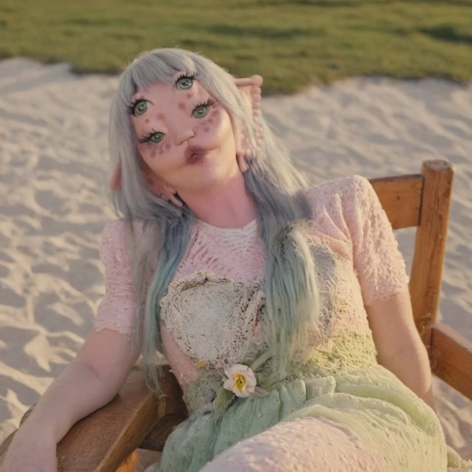 A woman with four eyes, pink skin, textured skin, long light green hair, white flowy dress, embroidered tiny pastel flowers on dress, short white sleeves, white heels, sitting, beach, on a wooden chair, sunlight, textured skin,Melanie woman