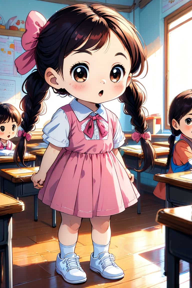 Alice,10 years girl,She had long hair, combed into two ponytails, and large curious eyes. She was wearing a pink dress and on her feet were a pair of white leather shoes.She listens to the teacher in the classroom