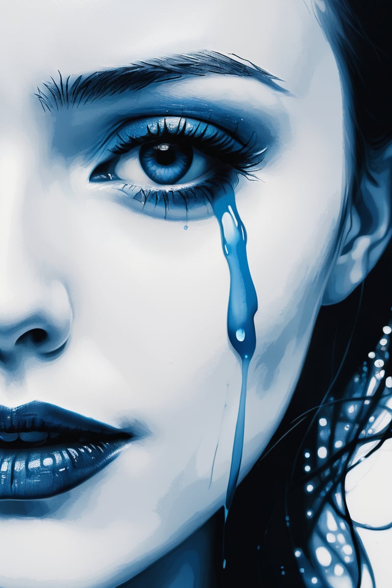 (A simple and elegant portrait depicting the silhouette of a woman crying blue tears on a pure white canvas.The outline uses only black and has a minimalist approach with only clean lines to convey deep feelings of sadness and melancholy. express), Detailed Textures, high quality, high resolution, high Accuracy, realism, color correction, Proper lighting settings, harmonious composition, Behance works,ct-niji2,xxmix_girl,goth person