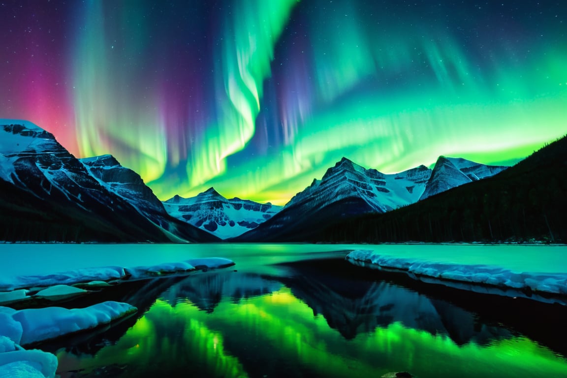 outdoors, sky, water, no humans, night, glowing, star \(sky\), night sky, scenery, starry sky, mountain, Aurora Borealis, polar lights