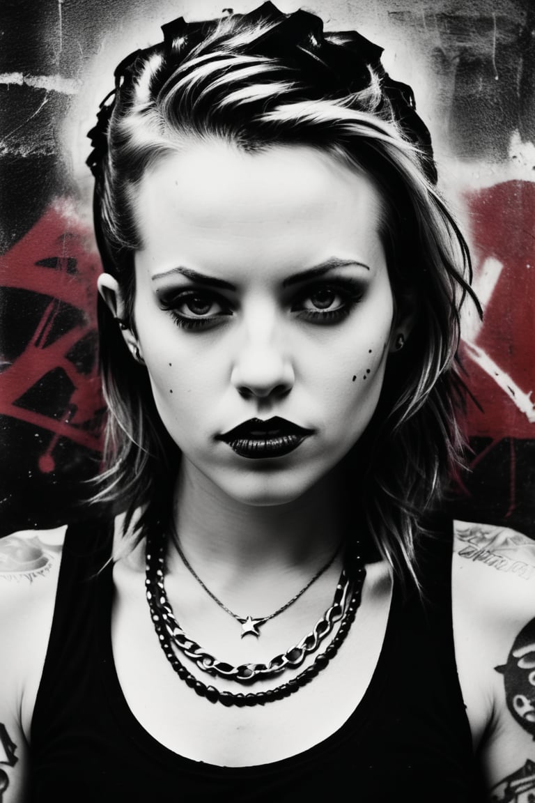 Portrait of a female rocker, expressive eyes, tattoos, attitude, sultry, pictorialism, dystopian, grim dark, goth, chiaroscuro, contrast, surrealism, gritty background, , grunge, graffiti