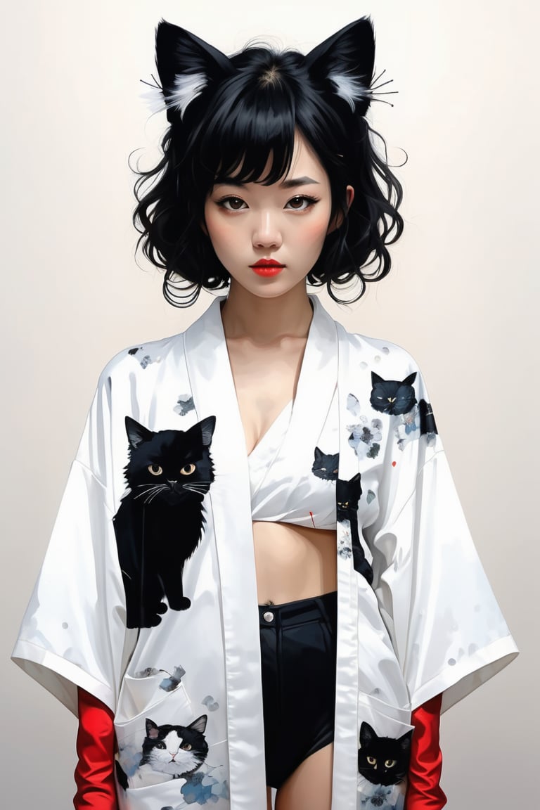 (full body portrait of a Japanese girl in the style of Conrad Roset, Nicola Samori), (shiny black curly hair, cat ears), (pure white kimono:1.6), (black, cat print:1.5), more detail XL