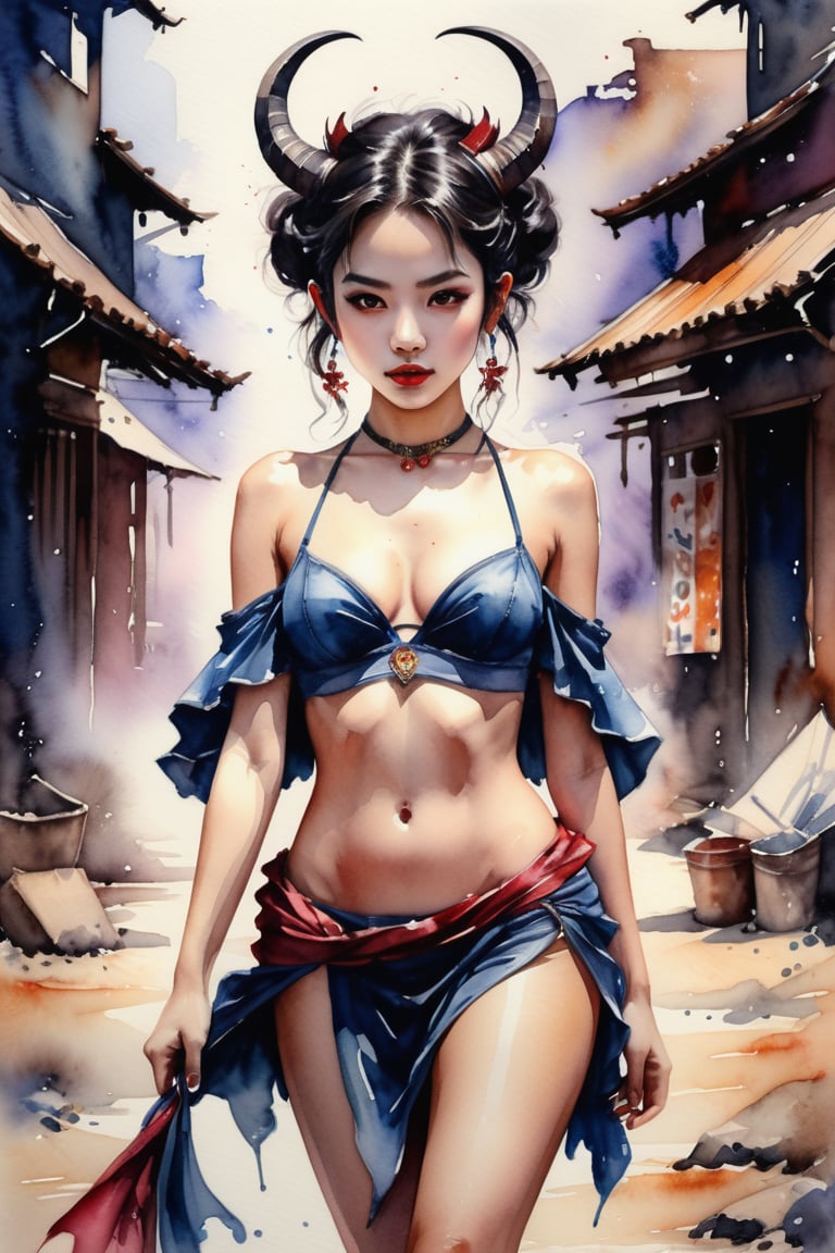 Fantasy Painting,Watercolor, best quality, masterpiece, beautiful and aesthetic, 16K, (HDR:1.2), high contrast, (vibrant color:1.3), (muted colors, dim colors, soothing tones:0), cinematic lighting, ambient lighting, sidelighting, Exquisite details and texturesGroundcore, Orientalism ,cute girl,((succubus)),(Sexy Clothes), realistic, Walking in a strutting pose, masterpiece, best quality, aesthetic, Create an image using(( junk art elements)), with repurposed materials, found objects, and a sense of resourcefulness and creativity,ct-niji2,watercolor,