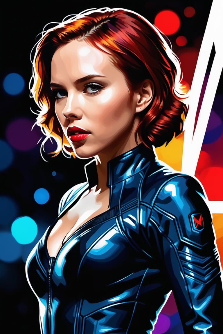 Scarlett johansson, Avengers Black Widow style suit, shadow boxing, art poster by gian galang, (((art style by gian galang))), (((design by gian galang))) , neck tattoos by andy warhol, sensual, sexy, very beautiful ñ, fight poster style, asian art, chequer board, mma, octogon, bright contrasting colours, stipple, black n white, ,Extremely Realistic, sharp focus, bokeh, intricate, UHD, 8K, masterpiece, perfect volumetric lighting, Epic light, intense colors, vibrant colors, chromatic aberration, full length poster,ink ,style