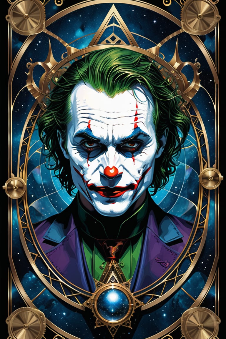 symmetrical, steampunk, portrait of joker in tarot card style, intricate detail, merge mystery of tarot and endless beauty of space, dark palette, artwork, crisp lines, rough aesthetics, masterpiece, abstract, surrealism, realistic, detailed, high resolution, 

Leonardo Style,Movie Poster,MoviePosterAF