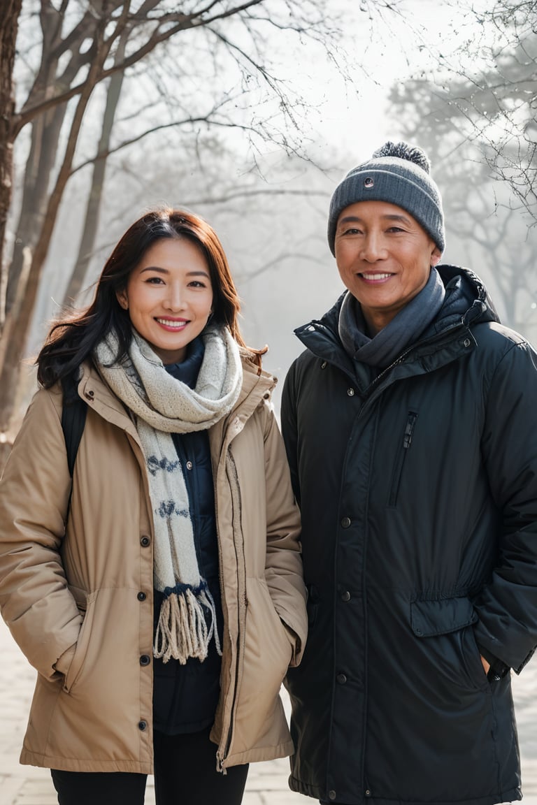 a portrait photo of two east-asian tourists traveling to China during winter, taken with an 85mm f/1.4 lens. The shot features soft sunlight from behind, creating gentle shadows and a warm, inviting atmosphere despite the snowy weather. The group consists of a stunning-beautiful woman in her 40s taking her husband in his 50s  on a trip. Each person has a distinct face and they are both relaxed, smiling, and dressed in casual clothing suitable for the cool autumn weather. They are engaged in various activities such as taking photos, eating, and enjoying outdoor activities. The image conveys joy, fun, and excitement of the trip.
