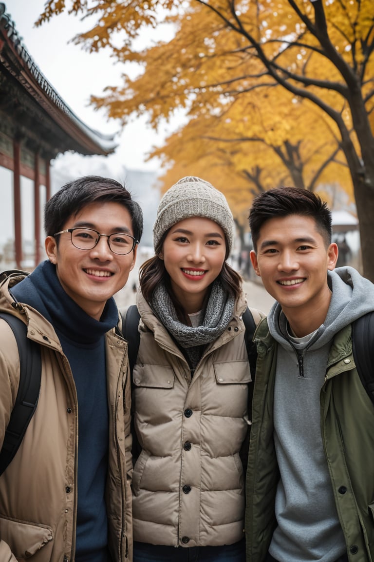 a portrait photo of different 4 east-asian tourists traveling to China during winter, taken with an 85mm f/1.4 lens. The shot features soft sunlight from behind, creating gentle shadows and a warm, inviting atmosphere despite the snowy weather. The group consists of stunning-beautiful weman and men in their 20s on a trip. Each person has a distinct face and they are relaxed, smiling, and dressed in Fashion clothing suitable for the  autumn weather. Their face are Oval, round, square and heart-shaped. They are engaged in various activities such as taking photos, eating, and enjoying outdoor activities. The image conveys joy, fun, and excitement of the trip. everyone must looked different
