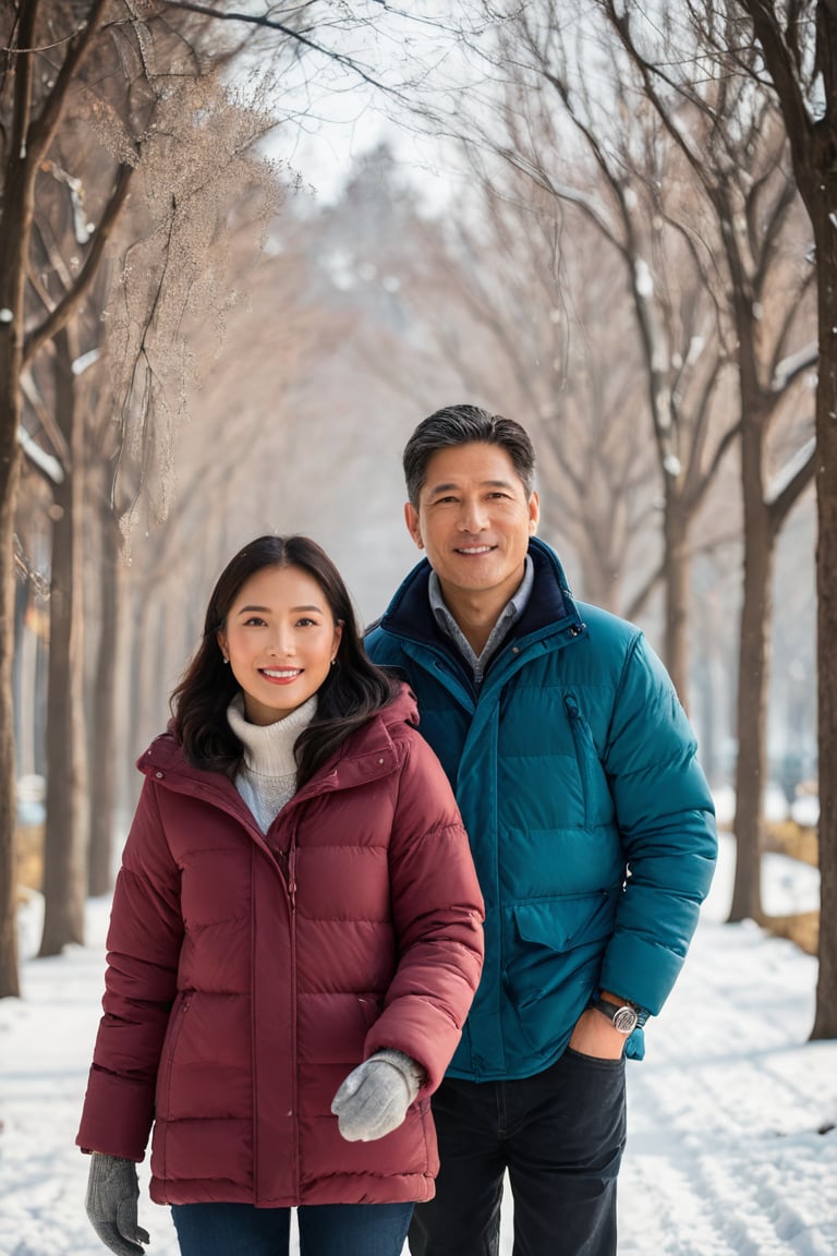 a portrait photo of two Thai tourists traveling to China during winter, taken with an 85mm f/1.4 lens. The shot features soft sunlight from behind, creating gentle shadows and a warm, inviting atmosphere despite the snowy weather. The group consists of a stunning beautiful woman in her 40s taking her husband in his 50s  on a trip. Each person has a distinct face and they are both relaxed, smiling, and dressed in casual clothing suitable for the cool winter weather with snow. They are engaged in various activities such as taking photos, eating, and enjoying outdoor activities. The image conveys joy, fun, and excitement of the trip.
