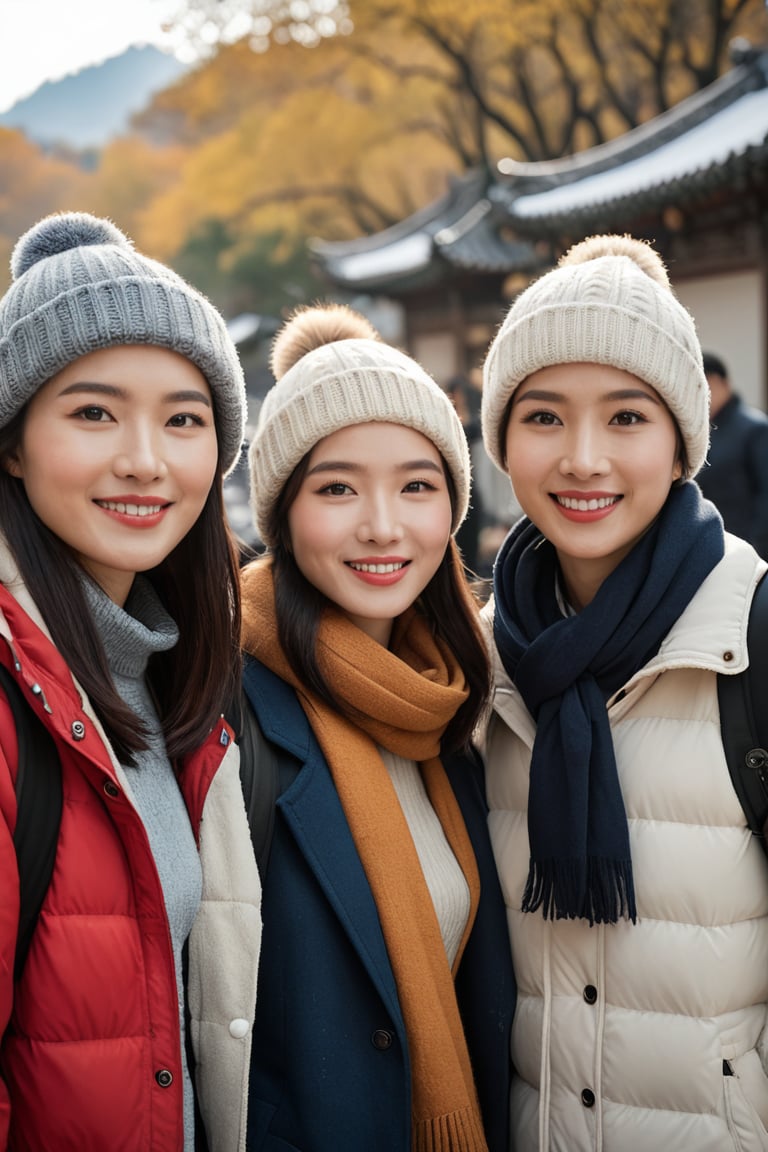 a portrait photo of 5 east-asian tourists traveling to China during winter, taken with an 85mm f/1.4 lens. The shot features soft sunlight from behind, creating gentle shadows and a warm, inviting atmosphere despite the snowy weather. The group consists of a stunning-beautiful woman in her 20s taking her friends  on a trip. Each person has a distinct face and they are both relaxed, smiling, and dressed in Fashion clothing suitable for the  autumn weather. They are engaged in various activities such as taking photos, eating, and enjoying outdoor activities. The image conveys joy, fun, and excitement of the trip. everyone must looked different
