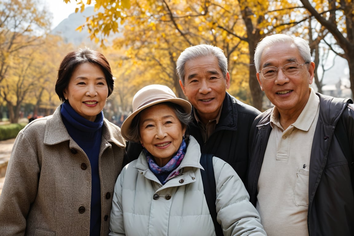 a portrait photo of 7 elder-thai-tourists traveling to China during autumn, taken with an 85mm f/1.4 lens. The shot features soft sunlight from behind, creating gentle shadows and a warm, inviting atmosphere despite the snowy weather. The group consists of a woman in her 70s taking her husband in his 75s and her friends on a trip. Each person has a distinct face and they are both relaxed, smiling, and dressed in fashion clothing suitable for the cool autumn weather with. They are engaged in various activities such as taking photos, eating, and enjoying outdoor activities. The image conveys joy, fun, and excitement of the trip.  
