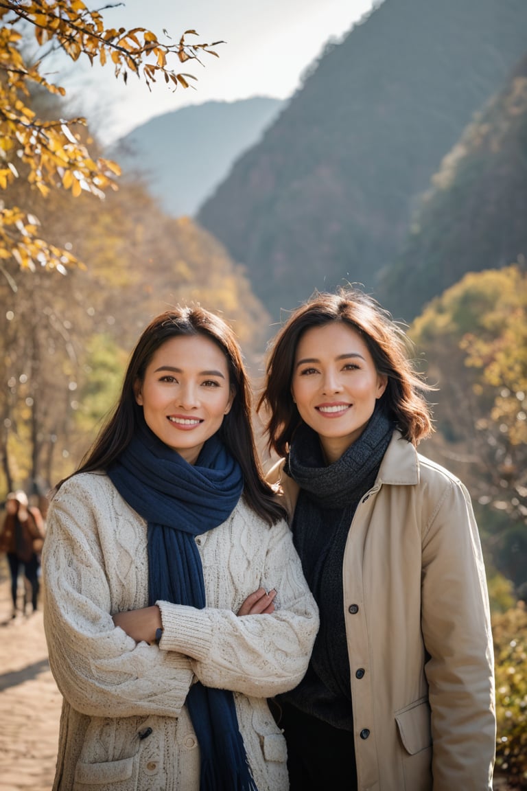 a portrait photo of two stunning Thai tourists traveling to China during autumn, taken with an 85mm f/1.4 lens. The shot features soft sunlight from behind, creating gentle shadows and a warm, inviting atmosphere despite the snowy weather. The group consists of a stunning beautiful woman in her 40s taking her mother in her 70s  on a trip. Each person has a distinct face and they are both relaxed, smiling, and dressed in fashion clothing suitable for the cool winter weather with snow. They are engaged in various activities such as taking photos, eating, and enjoying outdoor activities. The image conveys joy, fun, and excitement of the trip.
