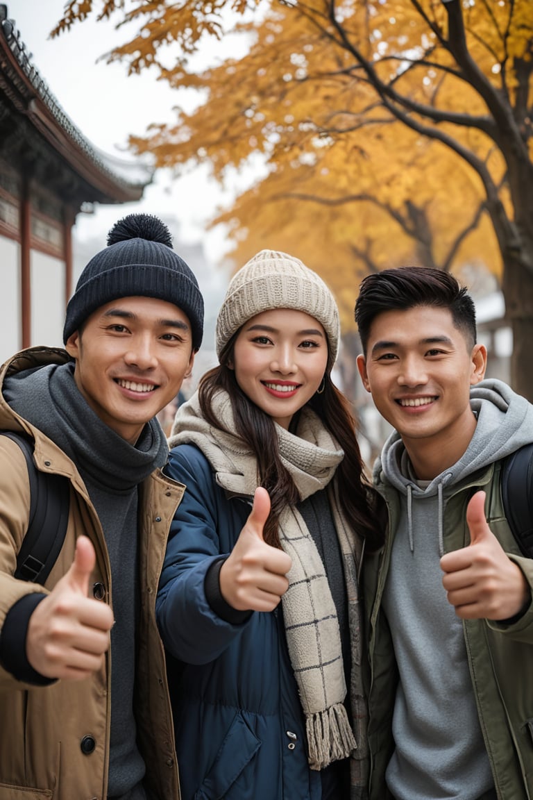 a portrait photo of different 4 east-asian tourists traveling to China during winter, taken with an 85mm f/1.4 lens. The shot features soft sunlight from behind, creating gentle shadows and a warm, inviting atmosphere despite the snowy weather. The group consists of stunning-beautiful weman and men in their 20s on a trip. Each person has a distinct face and they are relaxed,thumb up, smiling, and dressed in Fashion clothing suitable for the  autumn weather. Their face are Oval, round, square and heart-shaped. They are engaged in various activities such as taking photos, eating, and enjoying outdoor activities. The image conveys joy, fun, and excitement of the trip. everyone must looked different
