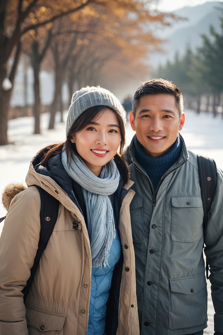 a portrait photo of two east-asian tourists traveling to China during winter, taken with an 85mm f/1.4 lens. The shot features soft sunlight from behind, creating gentle shadows and a warm, inviting atmosphere despite the snowy weather. The group consists of a stunning-beautiful woman in her 40s taking her husband in his 50s  on a trip. Each person has a distinct face and they are both relaxed, smiling, and dressed in casual clothing suitable for the cool autumn weather. They are engaged in various activities such as taking photos, eating, and enjoying outdoor activities. The image conveys joy, fun, and excitement of the trip.
