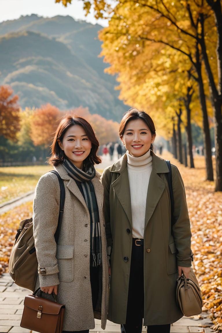 a portrait photo of east-asian tourists, the daughter and mother, traveling to China during autumn, taken with an 85mm f/1.4 lens. The shot features soft sunlight from behind, creating gentle shadows and a warm, inviting atmosphere. The stunning-beautiful weman in their 30s taking her 70s mother on a trip. Each person has a distinct face and they are relaxed, smiling, and dressed in Fashion clothing suitable for the  autumn weather.  They are engaged in various activities such as taking photos, eating, and enjoying outdoor activities. The image conveys joy, fun, and excitement of the trip. everyone must looked different
