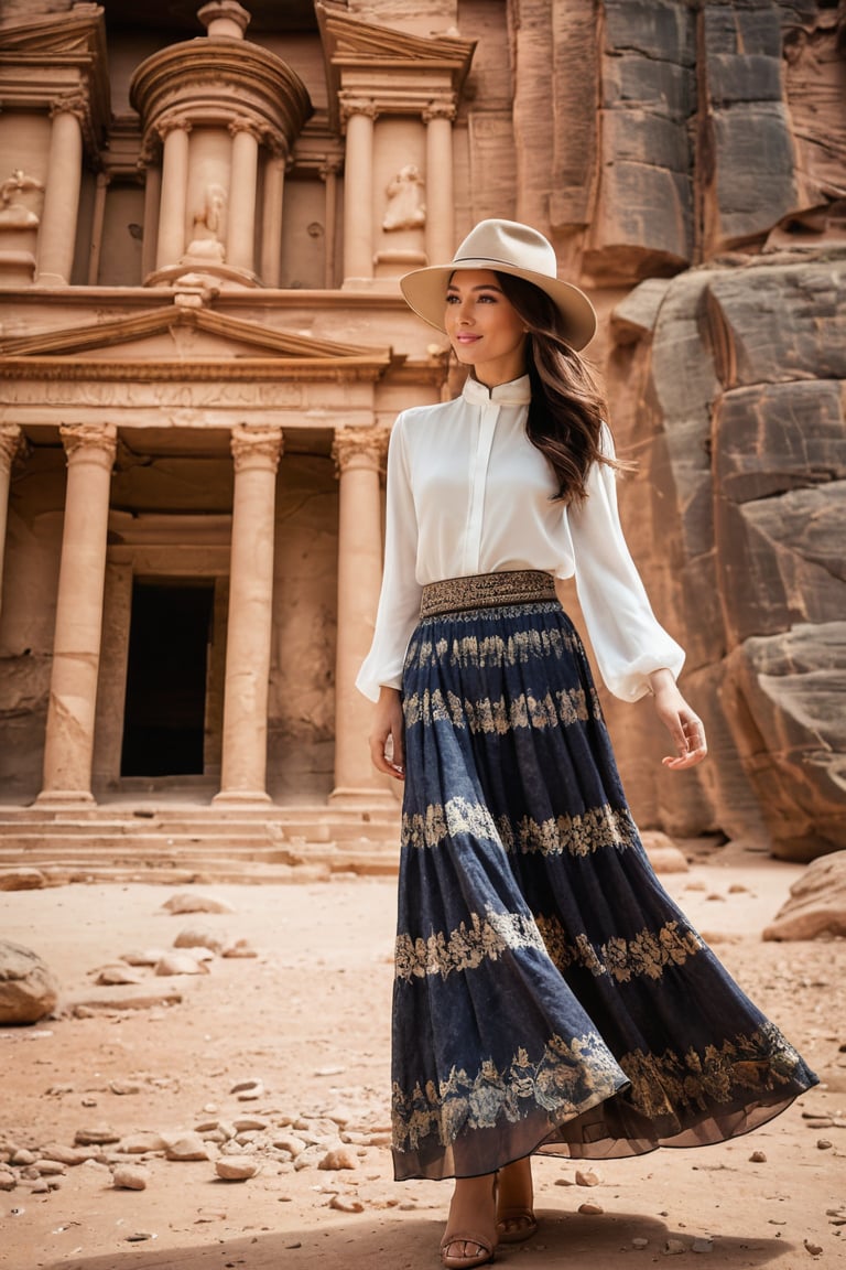  full body photo of a stunning fashion East Asian lady at Petra, Jordan, taken with an 85mm f/1.4 lens. The shot features soft sunlight from behind, creating gentle shadows and a warm, inviting atmosphere amidst the ancient rock-cut architecture. The woman is in her 40s, dressed in elegant, fashionable clothing suitable for the warm desert climate, and wearing a stylish fashion hat. Her skirt hem is flying in the air. She stands confidently against the backdrop of Petra’s iconic Treasury, smiling and relaxed. The image captures the timeless beauty of Petra and the elegance of the woman, conveying a sense of adventure, sophistication, and the thrill of exploring historic sites.