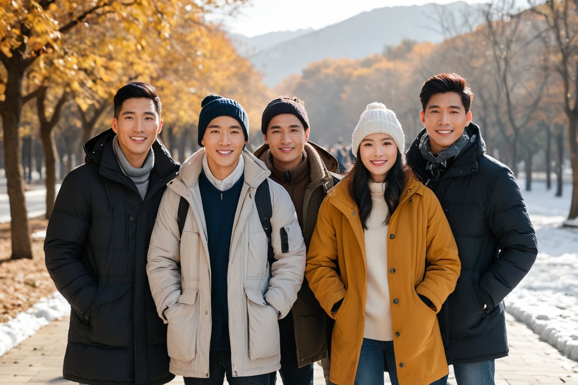 a portrait photo of different 4 east-asian tourists traveling to China during winter, taken with an 85mm f/1.4 lens. The shot features soft sunlight from behind, creating gentle shadows and a warm, inviting atmosphere despite the snowy weather. The group consists of stunning-beautiful weman and men in their 20s on a trip. Each person has a distinct face and they are relaxed, smiling, and dressed in autumn Fashion . Their face are Oval, round, square and heart-shaped. They are engaged in various activities such as taking photos, eating, and enjoying outdoor activities. The image conveys joy, fun, and excitement of the trip. everyone must looked different
