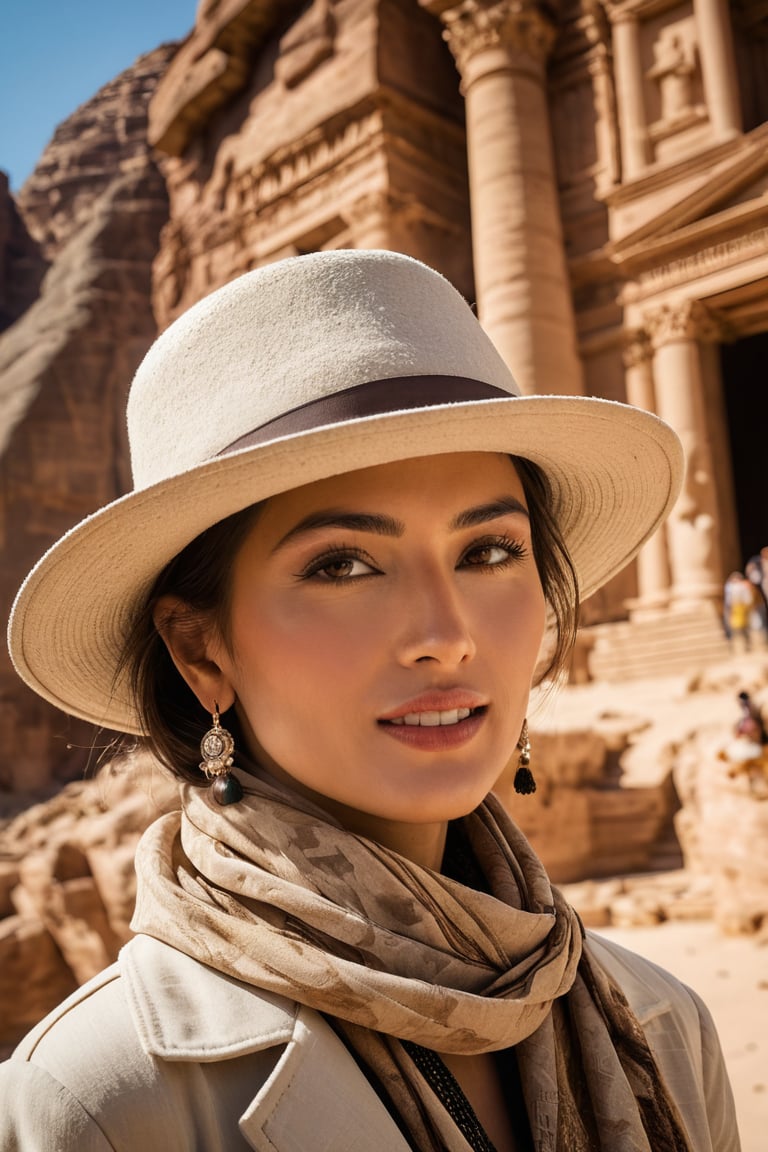 A portrait photo of 2 stunning fashion East Asian tourist at Petra, Jordan, taken with an 85mm f/1.4 lens. The shot features soft sunlight from behind, creating gentle shadows and a warm, inviting atmosphere amidst the ancient rock-cut architecture. The woman is in her 40s, dressed in elegant, fashionable clothing suitable for the warm desert climate, and wearing a stylish fashion hat. Her 70s mother stands beside her, also dressed elegantly, reflecting the fashion of her era. They both stand confidently against the backdrop of Petra’s iconic Treasury, smiling and relaxed. The image captures the timeless beauty of Petra and the elegance of the women, conveying a sense of adventure, sophistication, and the thrill of exploring historic sites.