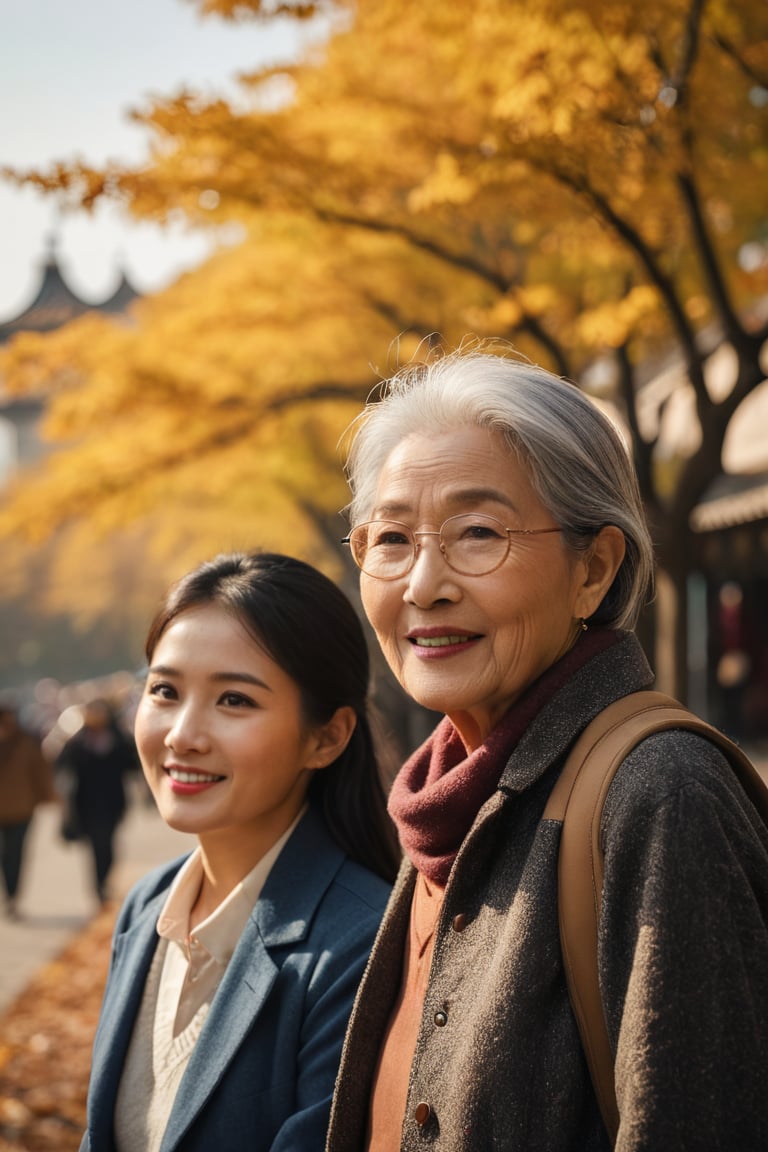 a portrait photo of east-asian tourists, the daughter and 70s grand mother, traveling to China during autumn, taken with an 85mm f/1.4 lens. The shot features soft sunlight from behind, creating gentle shadows and a warm, inviting atmosphere. The stunning-beautiful woman in her 30s taking her 70s grand mother on a trip. Each person has a distinct face and they are relaxed, smiling, and dressed in autumn Fashion. The image conveys joy, fun, and excitement of the trip. 
