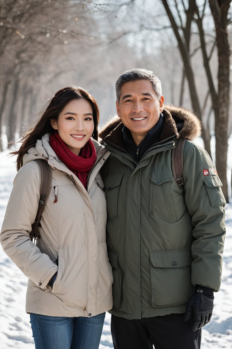 a portrait photo of two Thai tourists traveling to China during winter, taken with an 85mm f/1.4 lens. The shot features soft sunlight from behind, creating gentle shadows and a warm, inviting atmosphere despite the snowy weather. The group consists of a stunning-beautiful woman in her 40s taking her husband in his 50s  on a trip. Each person has a distinct face and they are both relaxed, smiling, and dressed in casual clothing suitable for the cool winter weather with snow. They are engaged in various activities such as taking photos, eating, and enjoying outdoor activities. The image conveys joy, fun, and excitement of the trip.
